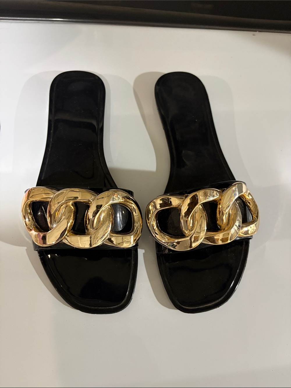 Rouge Helium Black Patent Slide Sandals with Gold Chain Accent